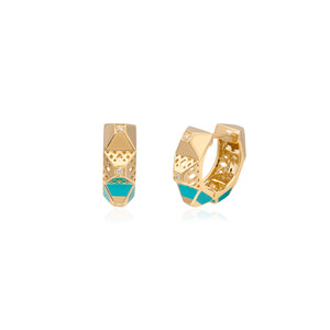 Gold hoop earrings with turquoise accents on a white background